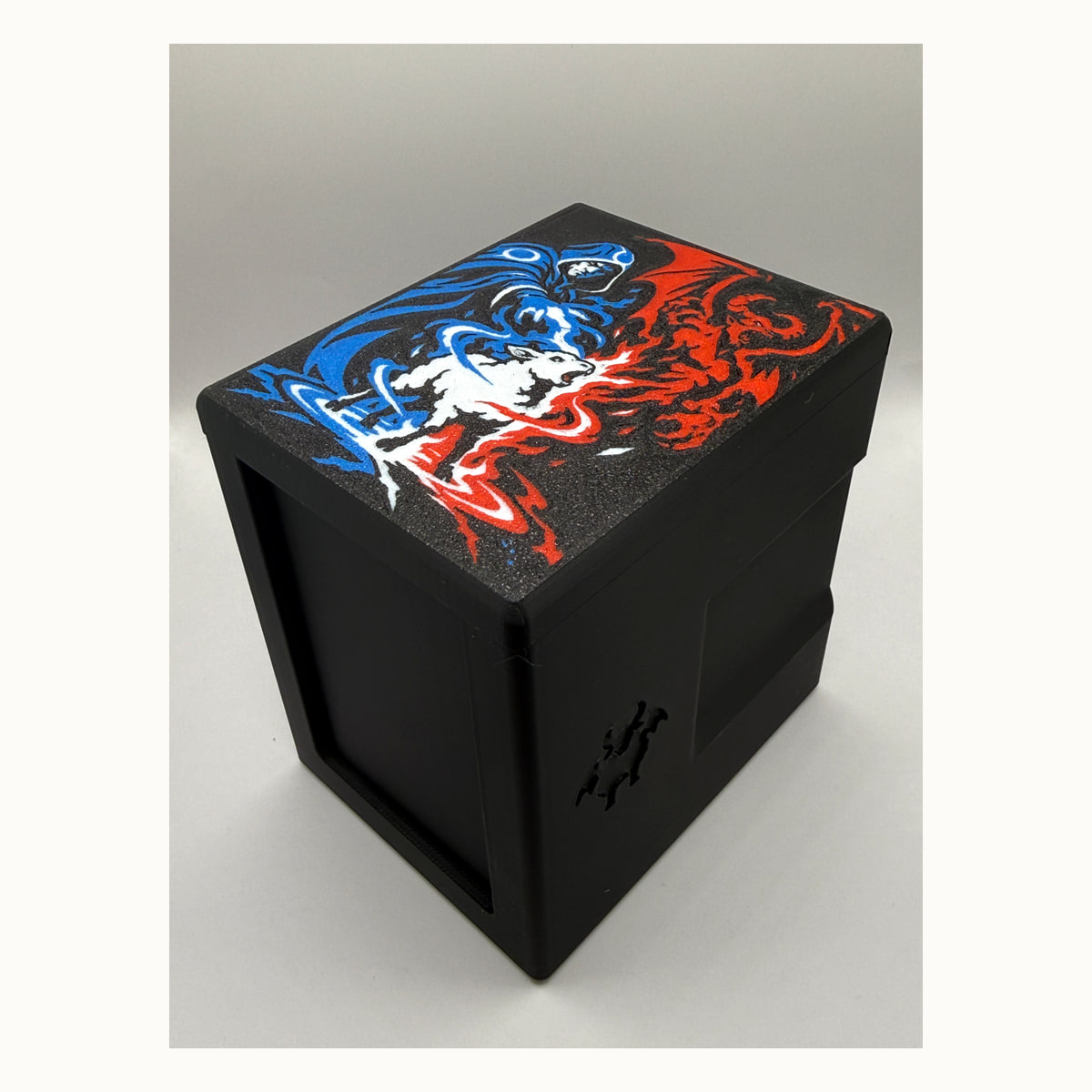 Wizard / Polymorph: assembled printed black deck box with the Wizard / Polymorph lid closed