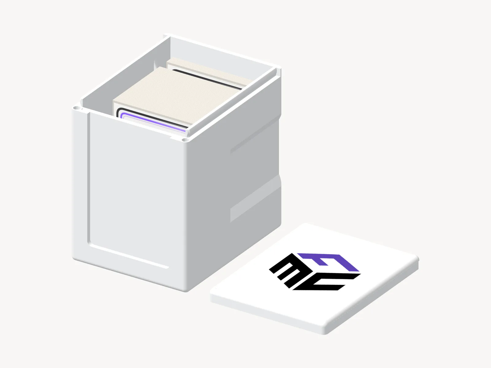 Open Commander deck box with a stack of cards inside and the removable lid placed alongside.